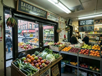 Fresh fruit display outside door, seasonal offerings, the urban produce stand