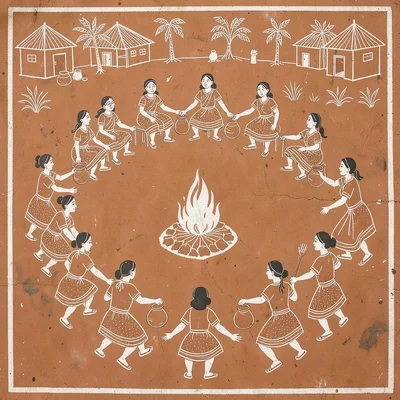Communal cooking scene — circle of women around fire, clay pots at each position