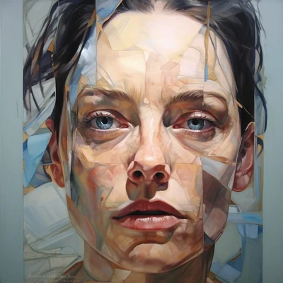 Painting portrait by Jenny Saville. sad person