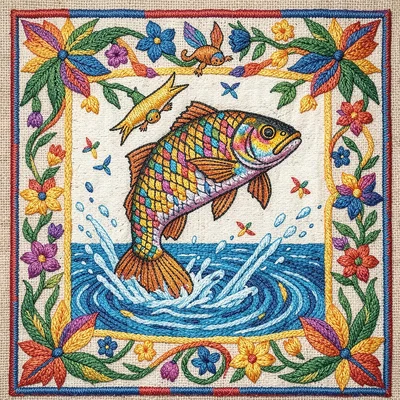 Otomi Tenango embroidery illustration, a fish jumping from embroidered water , e