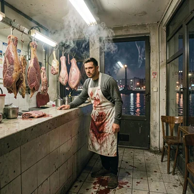 Belgrade brutalist night and Danube reflections, Butcher in bloodstained apron l