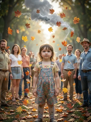 Child surrounded by floating autumn leaves while everyone else is in summer clot