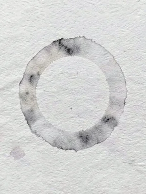 Water-stain ring on watercolor cold-press cotton in a faded grey halo soaking ou