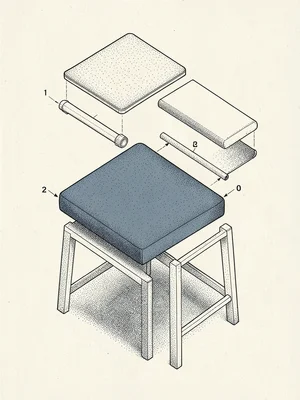 Exploded isometric of a chair lays each component drawn separately with a slate-