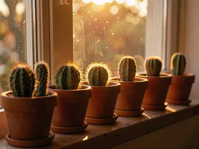 Cozy atmospheric photo of a sunlit windowsill row of small cacti in clay pots, d