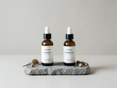 Skincare bottles arranged on a stone slab with dried botanicals, clean minimal a