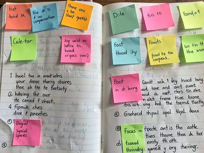 Sticky notes on student's textbook pages, the study system, color-coded comprehe