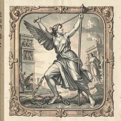 Liberty breaking chains before dawn