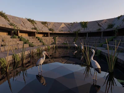 Lowpoly stadium half-flooded with faceted dark water, angular reeds piercing the