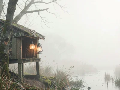 Camouflaged duck-blind at the edge of a fen, lantern hung but unlit, the fen its