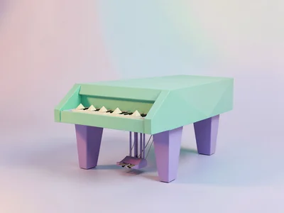 Grand mint-green faceted lowpoly piano with chunky lavender legs and triangulate