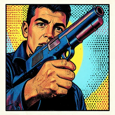 Halftone dot illustration, hand holding gun dramatic , Ben-Day dots, pop art aes