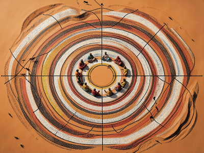 Aboriginal Australian dot painting aesthetic,. An aerial ceremonial map scene in the Western Desert Aboriginal dot paint