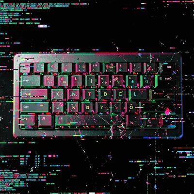 Glitch art illustration, keyboard with glitching keys , digital corruption artif