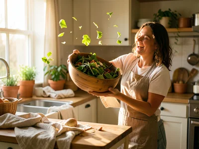 A person tossing a large wooden salad bowl, leaves mid-air, kitchen full of natu