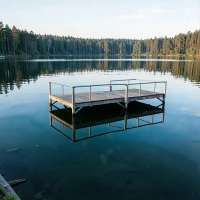 Finnish lake mirror, dead-calm reflection, Swimming platform floating in middle 