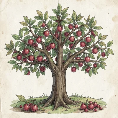 Artisan food packaging illustration, Cherry tree laden with fruit , farm-to-tabl
