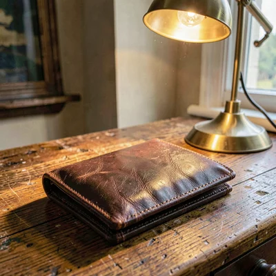 Warm hero of a chocolate calfskin bifold wallet on a worn oak desk beside a bras