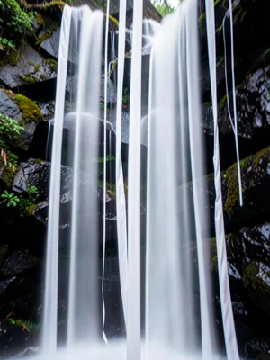 Waterfall reduced to vertical white silk ribbons against dark rock