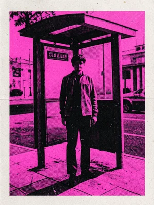 A figure standing at a bus stop in fluorescent pink and black, stark halftone sh