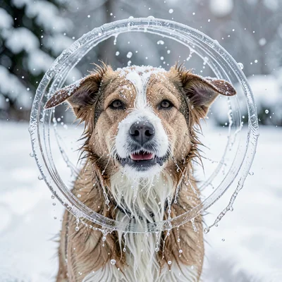 A dog shaking off water frozen at 1/8000, their face mid-wobble, ears inside-out