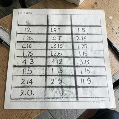 Charcoal of an open auction catalog showing rows of pencilled lot numbers