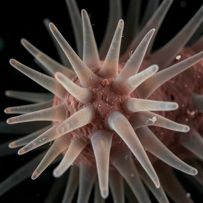 Coral polyp tentacles at night, translucent fingers extended for feeding, each t