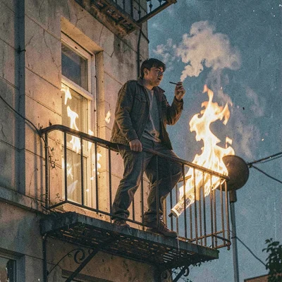 Grainy digital illustration, person smoking on fire escape , film grain texture 
