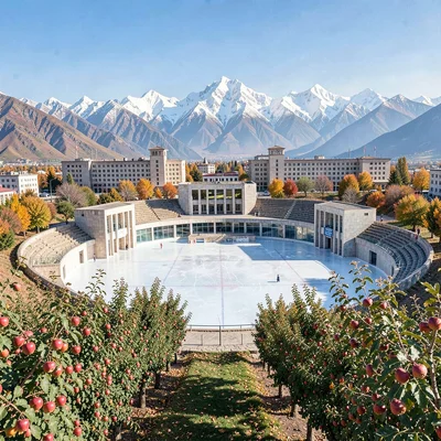 Tian Shan mountains behind Soviet Almaty, Medeu ice rink with mountains behind, 