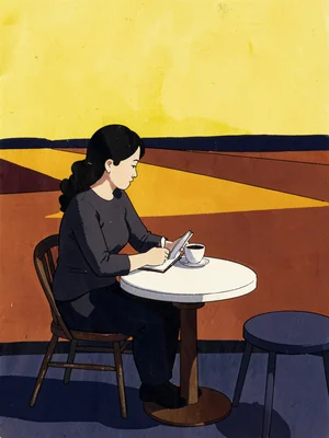 Woman reading at a round café table, flat fields of yellow, rust, and deep navy