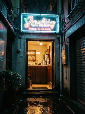 Narrow bar entrance with warm light spilling out, neon cocktail sign above, rain