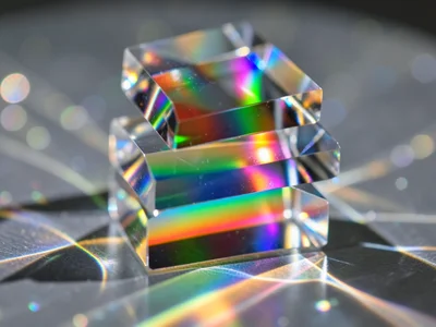 Stack of three prisms refracting light sequentially, each one bending the spectr