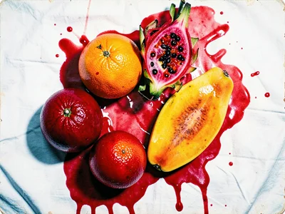Fruit still life from overhead — blood oranges, dragonfruit, papaya on white clo
