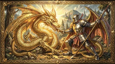 Gold leaf illuminated illustration, dragon slain by knight , burnished gold leaf