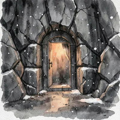 Cellar entrance carved into a basalt cliff face, soft orange ember-light leaking