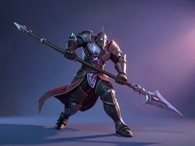 Twilight knight in obsidian plate with violet-glowing seams, two-handed warpick 