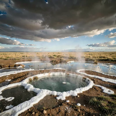 Vast horizontal landscape, extreme width composition, Mineral spring creating wh