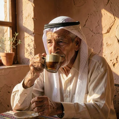 Warm desert-toned photograph, Elderly man in white keffiyeh headscarf sipping te