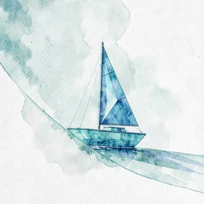 Cut aquamarine lowpoly sailboat with a slim hull and a single faceted blue sail 