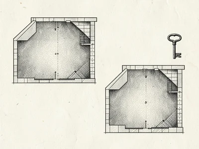 Cross-sectioned floor plans of a bank vault show stippled chambers and one oxblo