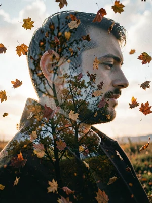 Grieving man's profile merged with autumn leaves mid-fall, everything letting go