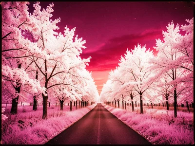 A country road disappearing into white and pink forest under a deep crimson suns