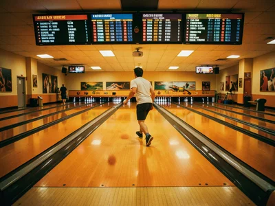 A bowling alley with retro orange and brown lanes, a figure mid-throw, the overh