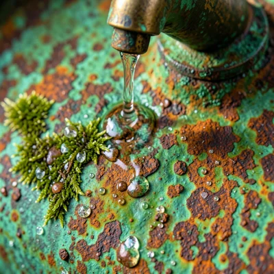 Weathered brass garden faucet with patina, water dripping onto moss