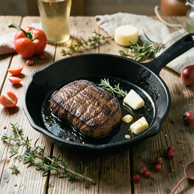 Steak searing in a cast-iron skillet, butter and thyme sprigs browning beside it