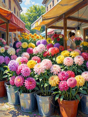 Flower market stall in full summer sun, buckets of peonies and dahlias crowding 