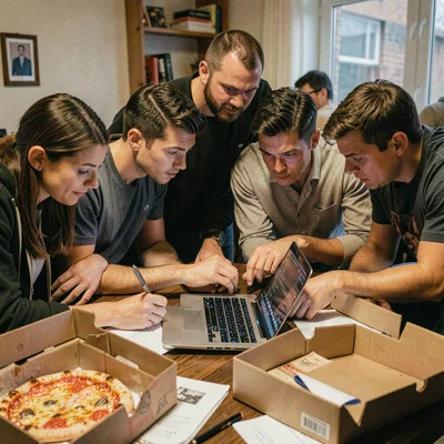Documentary photograph, Small team huddled around laptop reviewing code, empty p