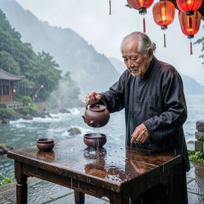 Jiufen rain beauty, wet mountain coastal, Elderly tea master pouring from cerami