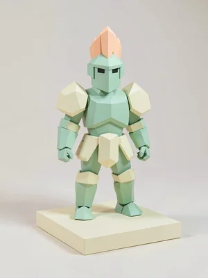 Plumed mint-green lowpoly knight character standing idle with chunky cream armor