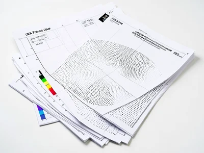 A stack of makeready sheets from the beginning of a press run, ink coverage grad